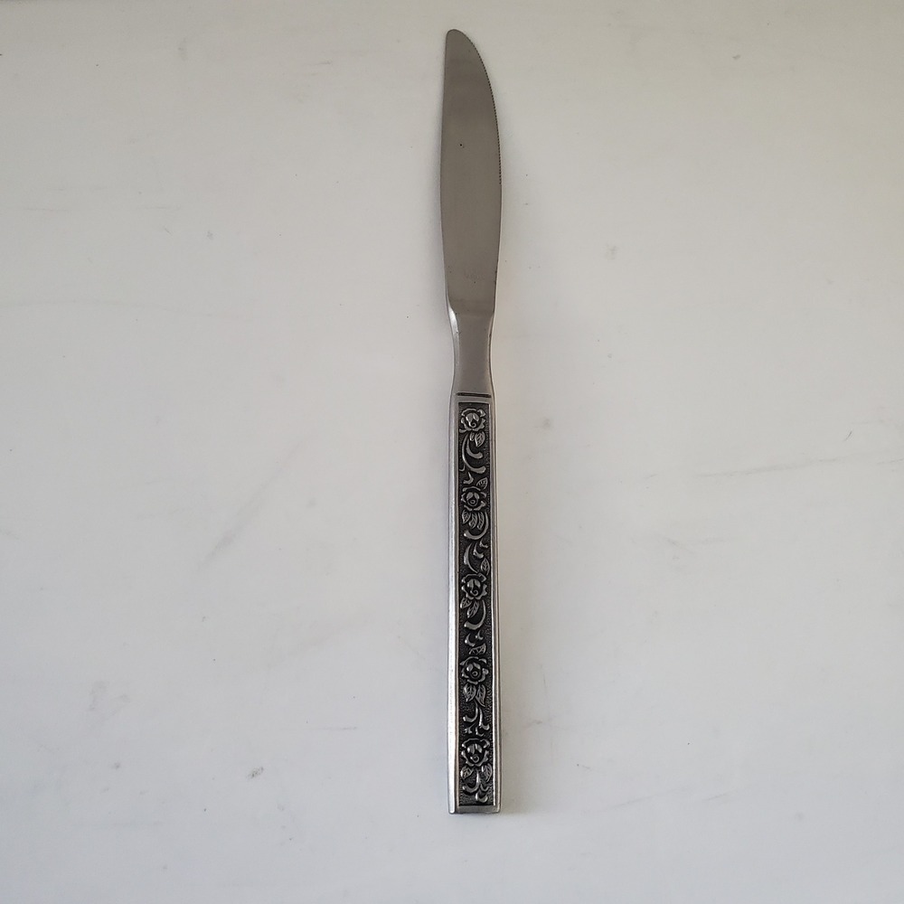 Nasco Stainless Japan Dinner Knife Vintage Floral Rose Blackened Handle Serrated